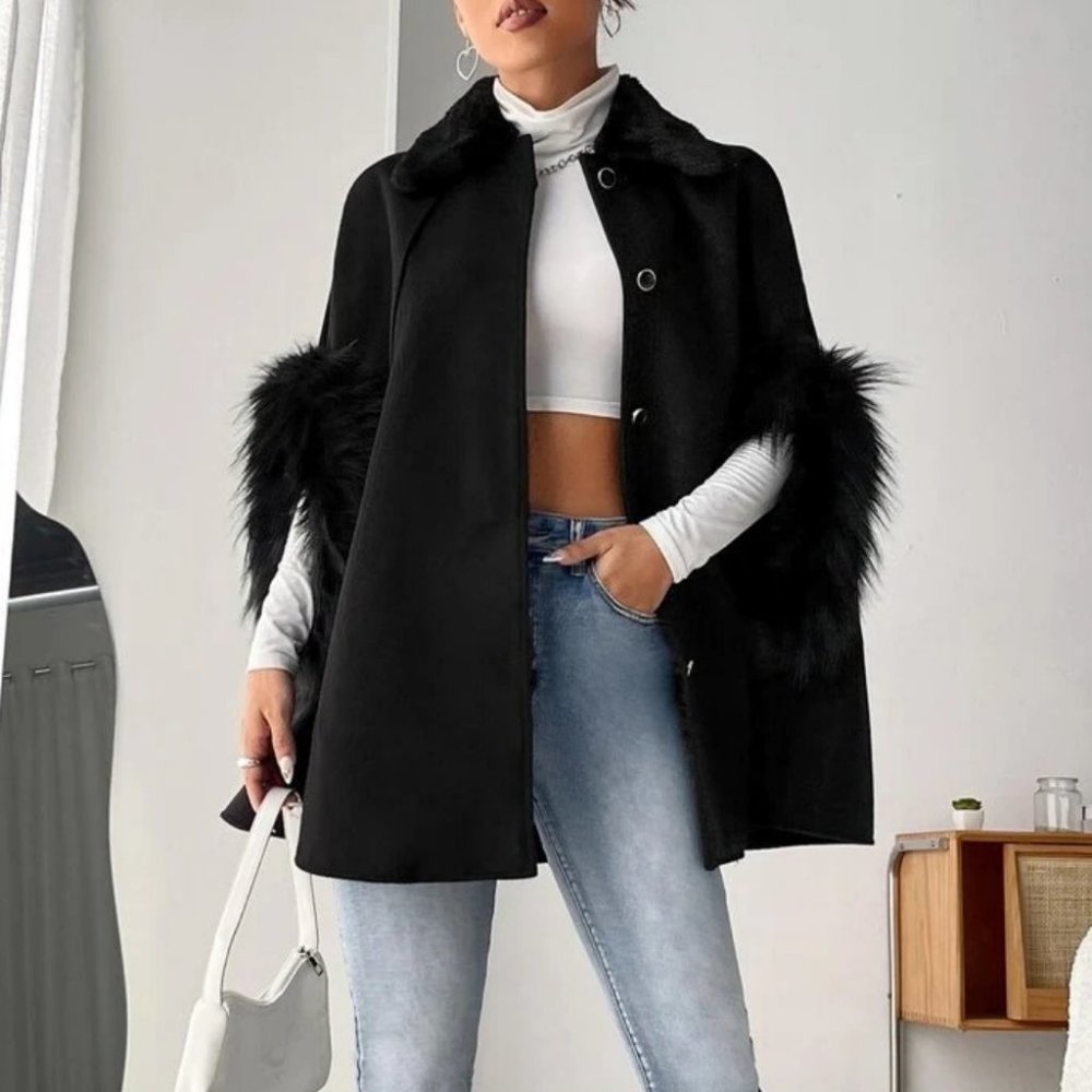 Faux fur Cuff Raglan Sleeve Borg Collar Black button down Overcoat Jacket - Picture 2 of 5